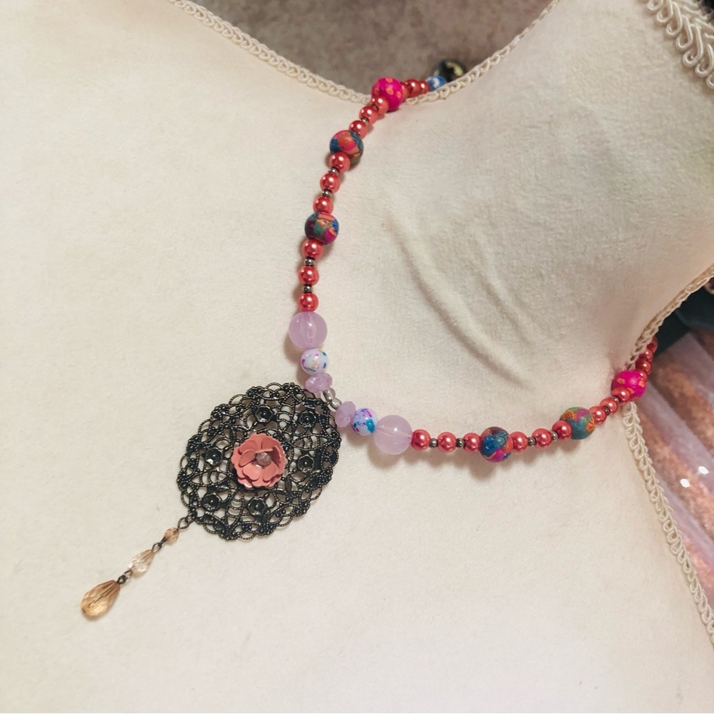 Handcrafted repurpose pink metal rose pendant Czech glass Pearl necklace